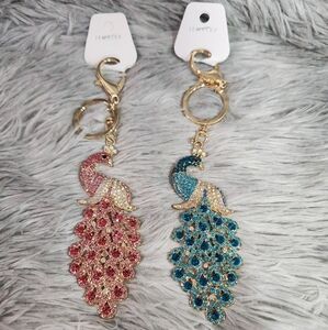 Peacock Keychains with Bright Colorful Crystals. Choose Pink Or Blue